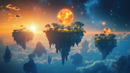 Poster - Floating islands connect virtual worlds through luminous portals and vibrant landscapes inviting exploration and imagination