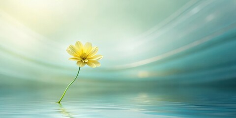 Wall Mural - A single pale yellow flower delicately floats atop tranquil, serene water, reflecting a soft, ethereal light