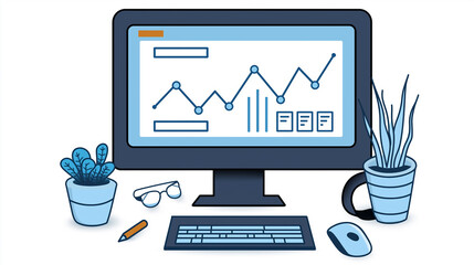 Poster - Workplace desk showing growing business chart on computer screen