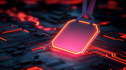 Poster - Glowing blank cpu chip label hanging over futuristic circuit board