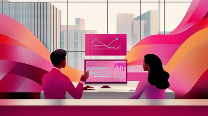 Poster - Business people analyzing data on computer in modern office with colorful waves
