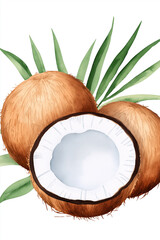Aufkleber - Two coconuts and palm leaf showing white flesh watercolor painting