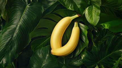 Poster - Vibrant yellow bananas surrounded by lush green tropical leaves in natural light highlighting the fruits freshness