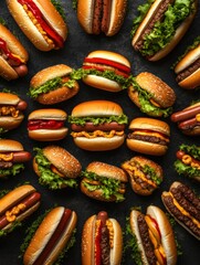 Poster - Delicious assortment of burgers and hot dogs arranged spirally for a mouthwatering display perfect for summer gatherings or cookouts