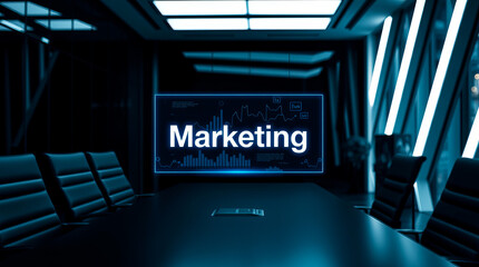 Poster - Digital Marketing Strategy Business Meeting Modern Office Conference Room Technology Growth Data Analysis Presentation Screen Display Futuristic      