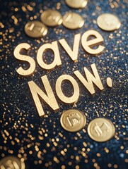 Aufkleber - Golden coins and banknotes scattered across a textured background with the words Save Now highlighted to promote savings and financial security