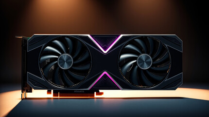 Poster - High Performance Gaming Graphics Card Powerful Dual Fan Cooling System Advanced Technology Black Purple RGB Lighting Professional Studio Shot Modern  