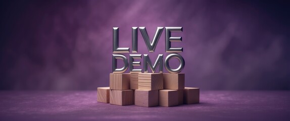 Poster - Live Demo symbol. Concept word on wooden blocks. Attractive purple backdrop. Business and concept. Space for text.