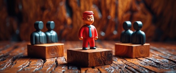 Poster - Leadership and network teamwork ideas with a red businessman figure on a wooden block positioned centrally between black business figures on wooden blocks. Illustrates networking and collaboration ...