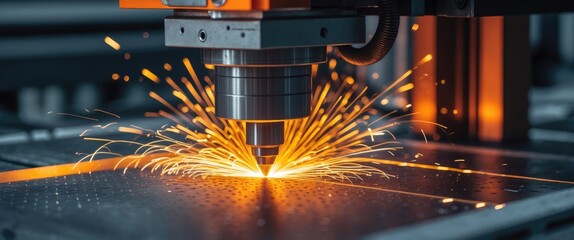 Poster - Laser cut engraving, metallurgy milling, and plasma cutting of metal using CNC. Modern industrial technology banner concept background.