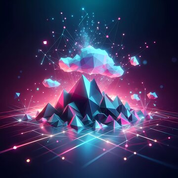 Abstract futuristic virtual fractal artificial intelligence minimalist diversity high tech sci-fi 3D low poly cyberpunk landscape polygonal with glowing holographic light background 