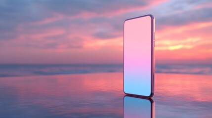 Poster - 3D render of an Phone mockup standing upright. The screen is blank white with a gradient background of light pink and blue. The phone stands on top of a reflective surface, 32K resolution
