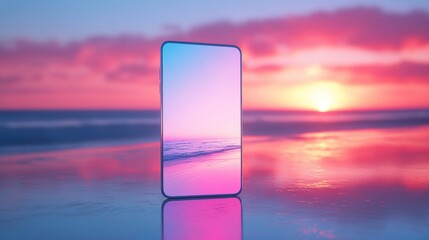 Poster - 3D render of an Phone mockup standing upright. The screen is blank white with a gradient background of light pink and blue. The phone stands on top of a reflective surface, 32K resolution