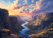 © +27.000 BOU - Canyon Vista: A breathtaking vista unfolds as a river snakes through a towering canyon at sunset, the sky ablaze with color and light.