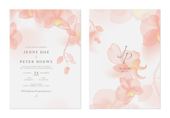 Wall Mural - Wedding invitation and save the date template set of delicate, translucent pink Phalaenopsis orchid on a soft grey background. The style is modern, romantic, and understated