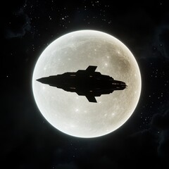 Wall Mural - futuristic spaceship silhouette against a glowing full moon backdrop