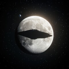 Wall Mural - mysterious spaceship silhouette near full moon in starry background