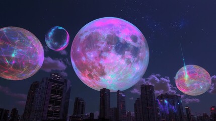 Wall Mural - cosmic landscape with colorful moons above a city skyline at night