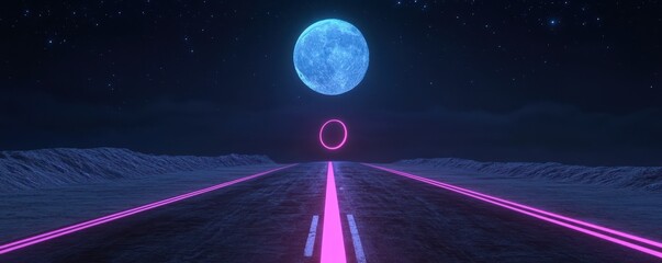Wall Mural - futuristic neon landscape with moon and abstract light circle