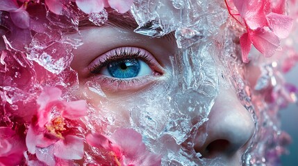Wall Mural - frozen beauty: a close-up portrait of a woman's face adorned with ice and flowers