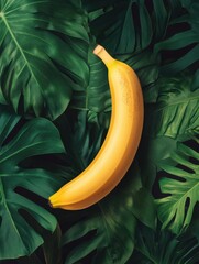 Poster - Vibrant banana surrounded by lush tropical leaves in natural light showing harmony of color and design