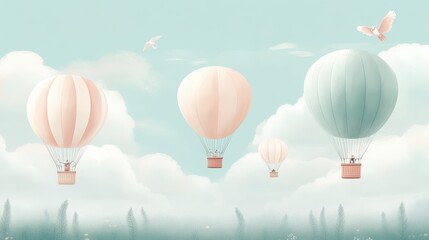  Soaring Dreams: Pastel hot air balloons float serenely amidst fluffy clouds and gentle breezes, with birds. This is a whimsical image capturing a sense of freedom and tranquility.
