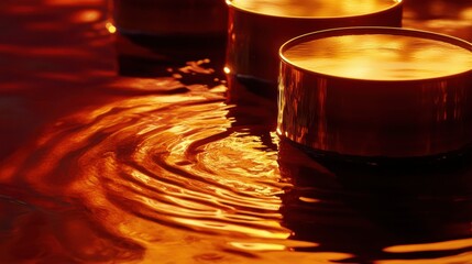 Poster - Golden Reflections on Water Surface with Ripples Created by Floating Objects Illuminated by Warm Light