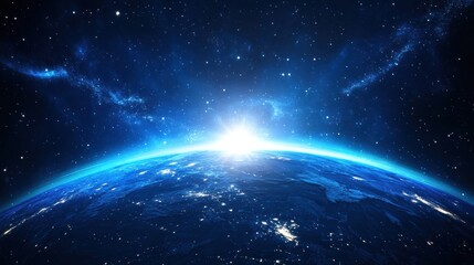 Poster - Night view of planet Earth from space showcasing light lines of communication and connection across continents for global finance and technology