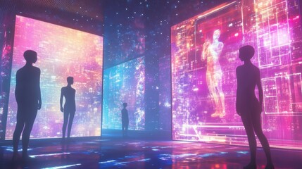 Fototapete - Exploring digital interactions in a vibrant metaverse lobby with holographic elements for social engagement and collaboration