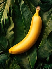 Fototapete - Vibrant banana surrounded by lush tropical leaves in natural light creating a striking and balanced composition