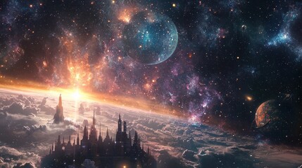 Wall Mural - majestic cosmic landscape with planetary bodies and celestial light