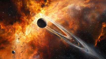 Wall Mural - cosmic scene with planet, nebula, and fiery background in space