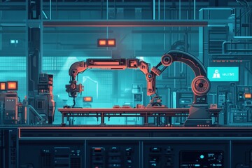 Fototapete - Automated factory showcases robotic machines and AI controlling production process in an advanced industrial environment