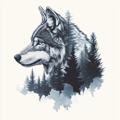  Minimalistic Double Exposure Wolf Profile and Serene Forest Landscape for T-Shirts and Posters
