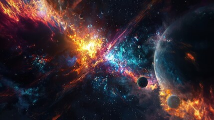 Wall Mural - cosmic explosion with vibrant colors and celestial bodies in space