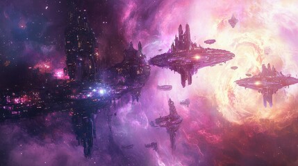 Wall Mural - surreal cosmic landscape with colorful nebula and floating structures
