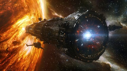 Wall Mural - futuristic spacecraft approaching a fiery star in cosmic scene