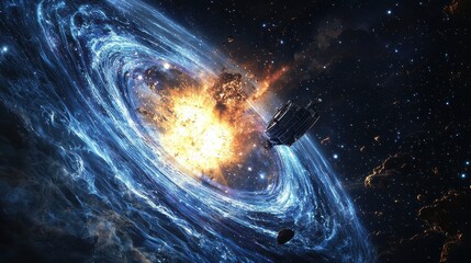 Wall Mural - space explosion near galactic core with starship in cosmic scene