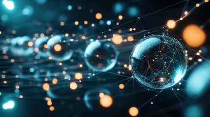 Leinwandbilder - Multiple interconnected spheres symbolize virtual worlds linked by beams of light in a cosmic setting with space for text