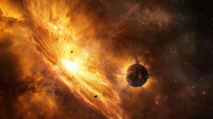 Wall Mural - cosmic explosion with a planet surrounded by stellar nebulae