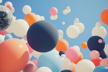 Poster - Colorful balloon spheres float against a vibrant blue sky creating a playful scene