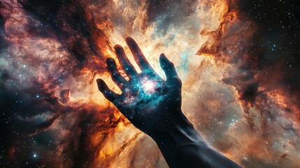 Wall Mural - Cosmic Hand Reaching Towards Colorful Galaxy in Cosmic Space