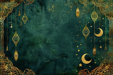 Poster - Elegant Islamic design featuring golden lanterns crescents and ornate details