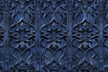Poster - Intricate blue wood carving with symmetrical leaf and tendril motifs textural pattern