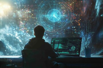 Fototapete - Student engages in virtual learning with AI technology while exploring innovative digital environments in a modern workspace