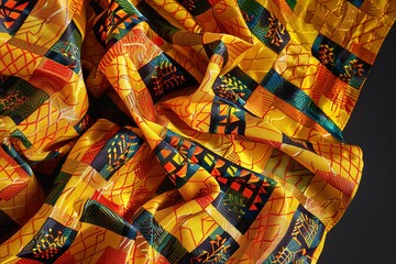 Poster - Elegant Yellow Textile with Geometrical Pattern Softly Folded on Dark Backdrop