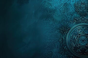 Poster - Teal decorative background with circular arabesque pattern on a textured backdrop