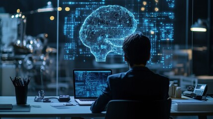 Leinwandbilder - Student engages in AI driven virtual learning at a modern workspace, focused on digital interactions and knowledge acquisition