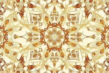 Poster - Abstract Golden Beige Kaleidoscope Pattern with Intricate Floral Design and Symmetrical Art