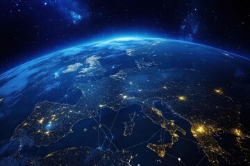 Poster - Night view of planet earth showcasing global connections and communications across Europe and beyond with illuminated cities and networks